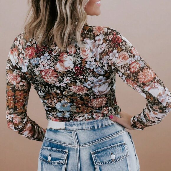 Multicolor Casual Women's Floral Long Sleeve High Neck Mesh Blouse - Picture 2 of 3